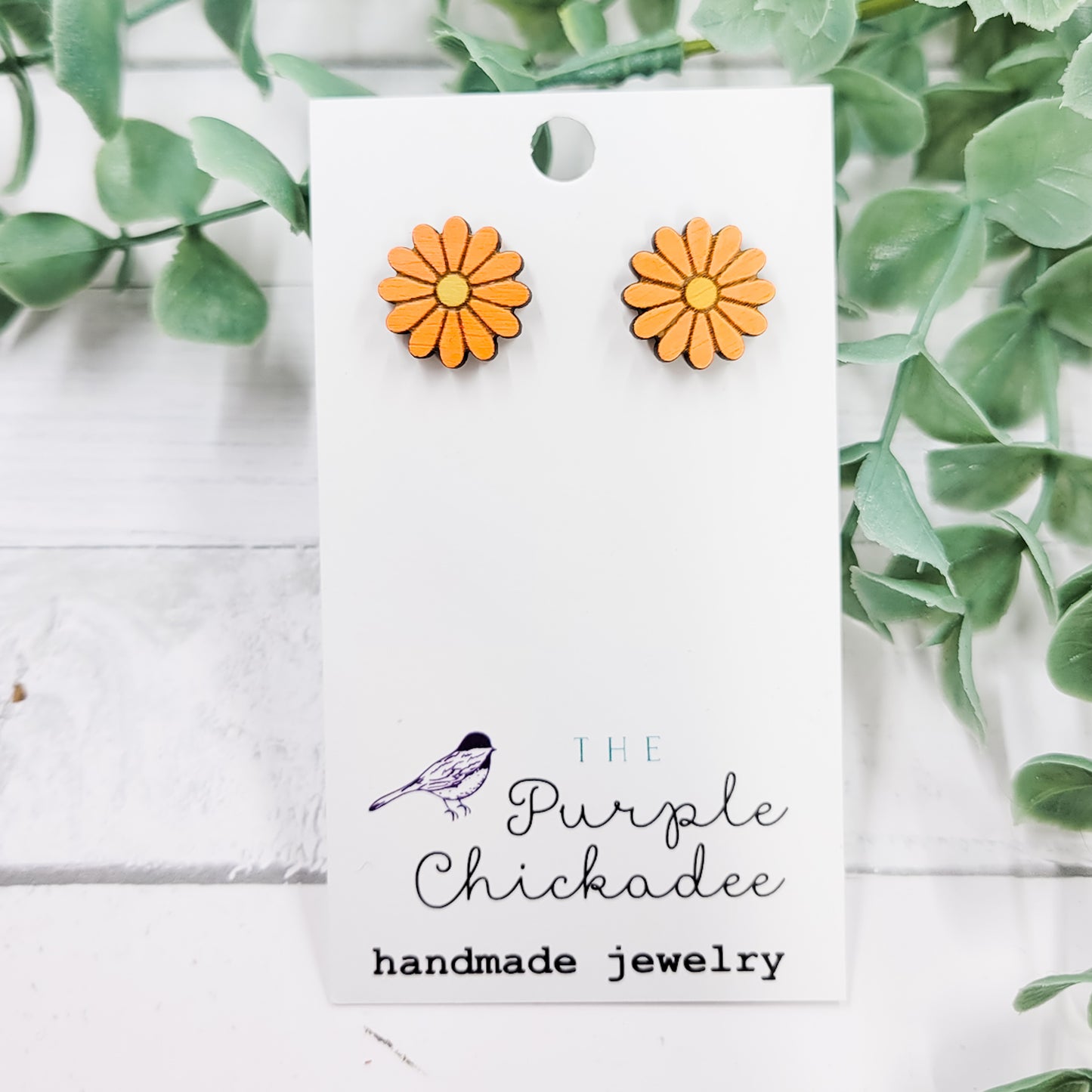 Orange Daisy Handpainted Wooden Stud Earrings