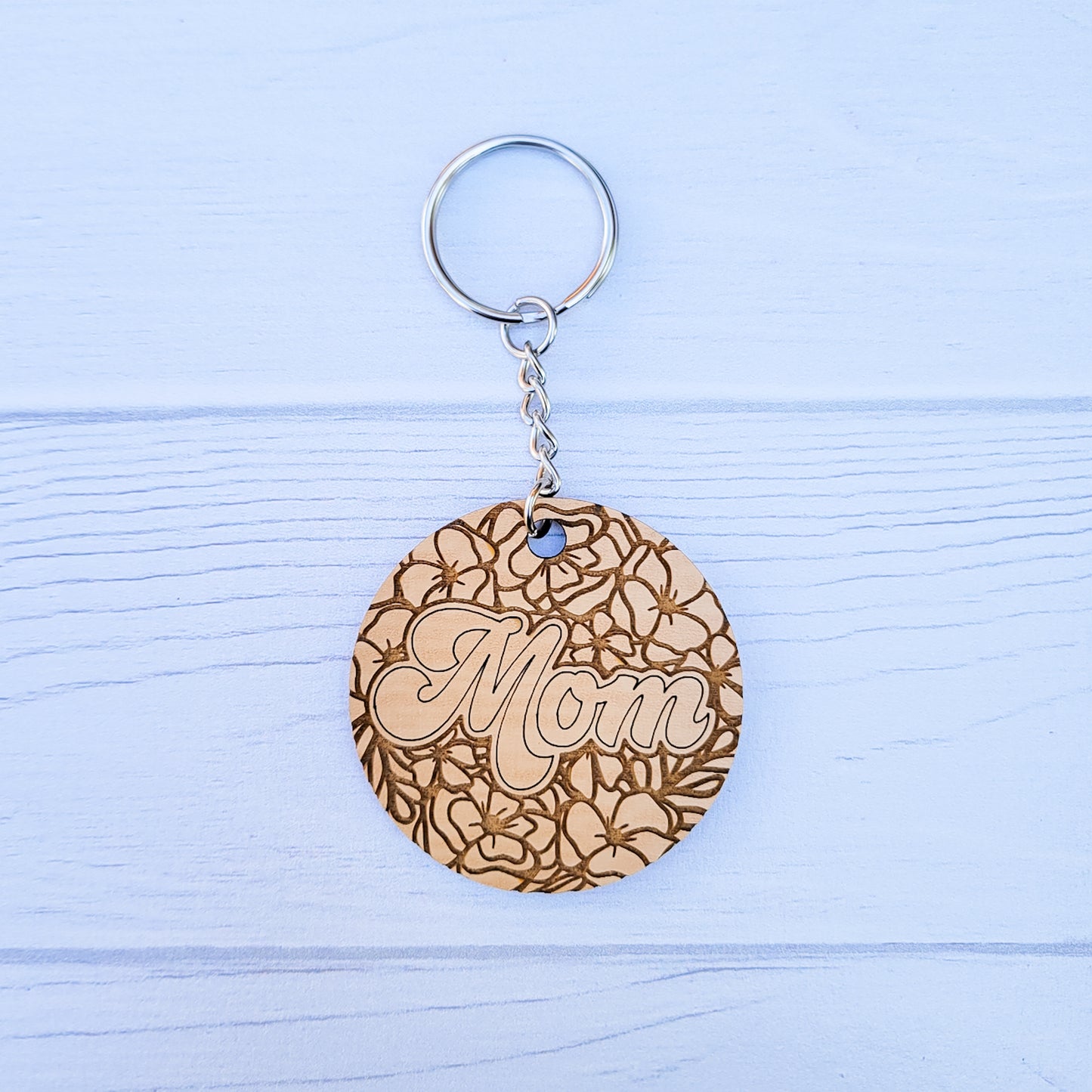 Mom Floral Round Wooden Keychain
