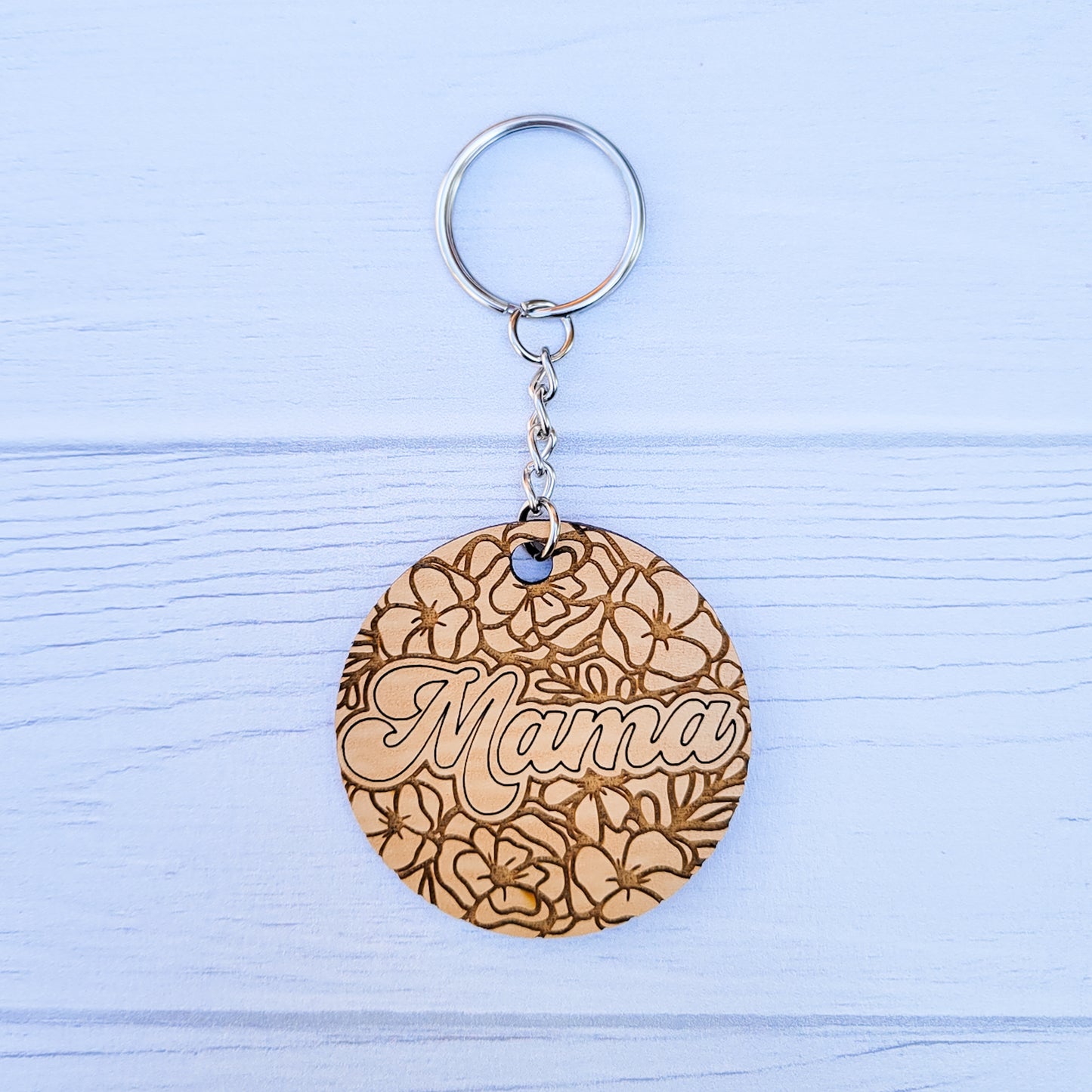 Mama Floral Round Wooden Keychain