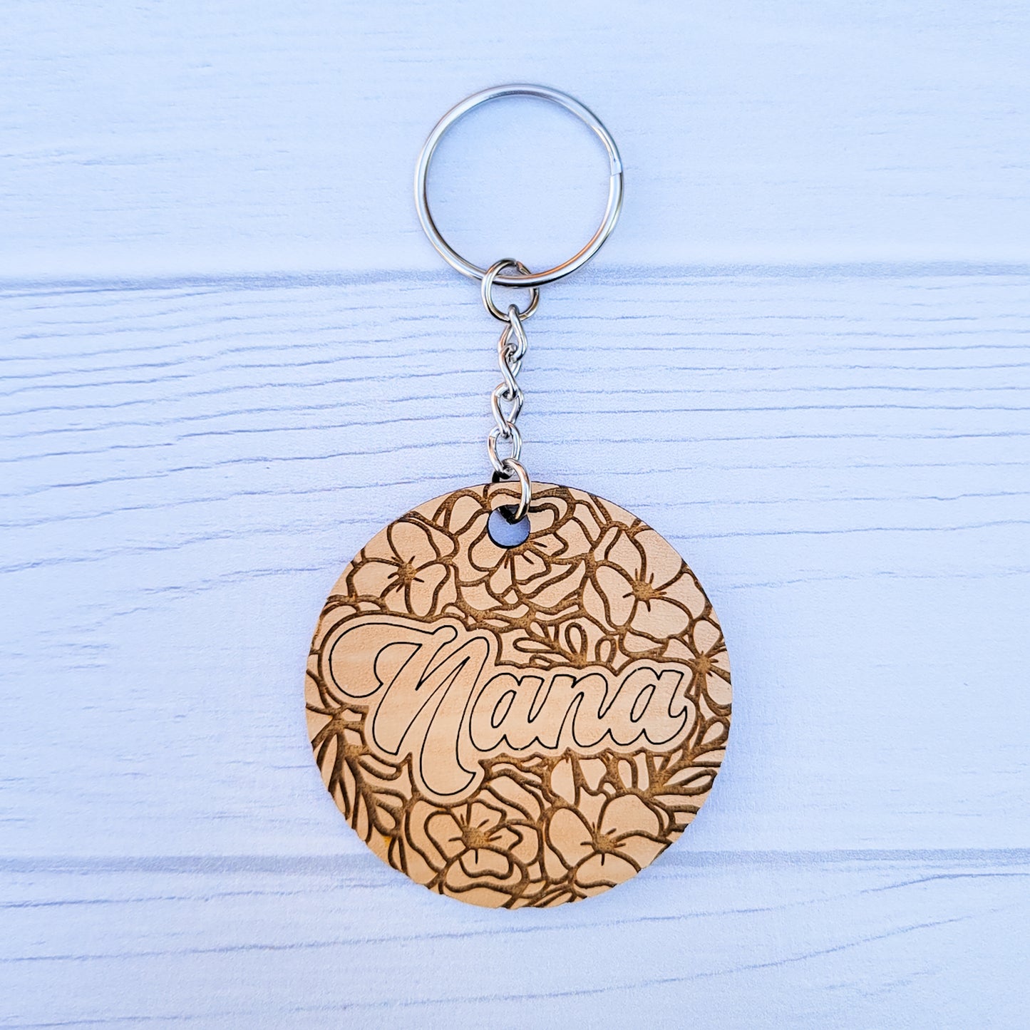 Nana Floral Round Wooden Keychain