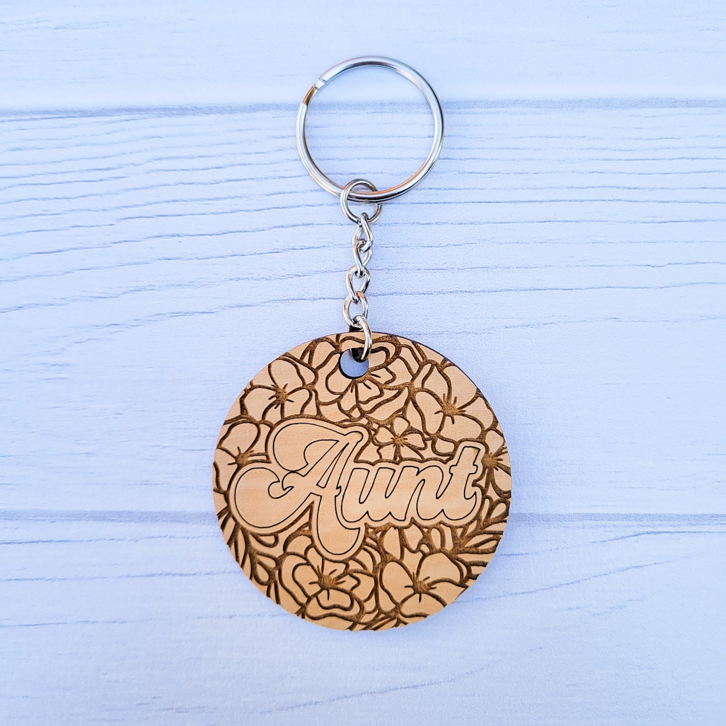 Aunt Floral Round Wooden Keychain