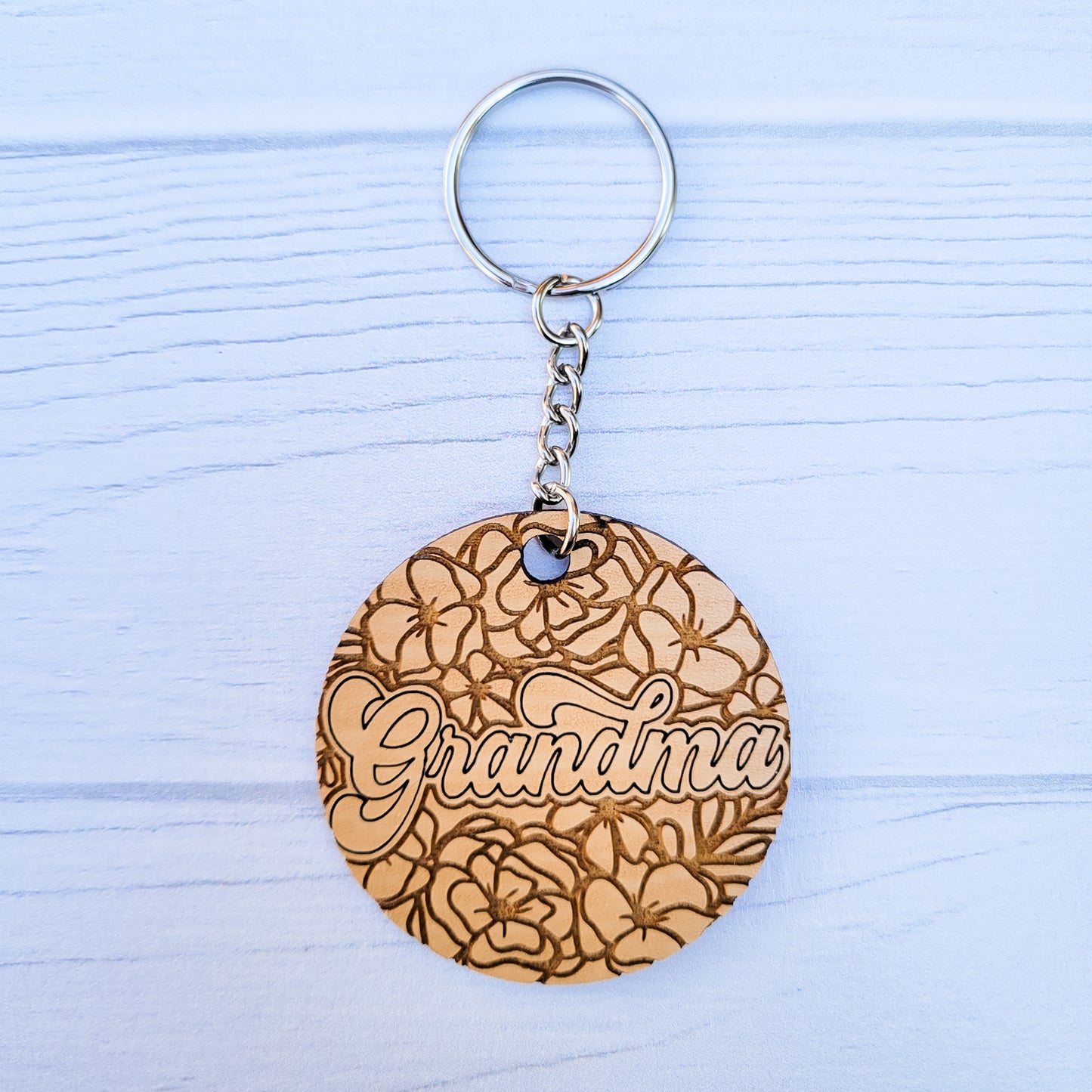 Grandma Floral Round Wooden Keychain