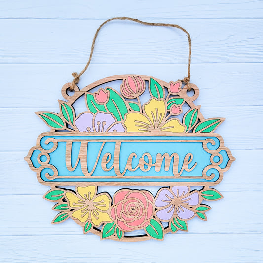 Colorful Floral "Welcome" Wooden Door Hanger