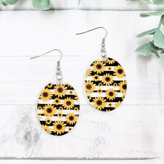 Striped Sunflowers Acrylic Oval Dangle Earrings
