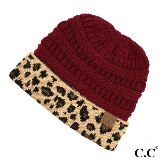 Messy Bun CC Beanie - Burgundy Leopard