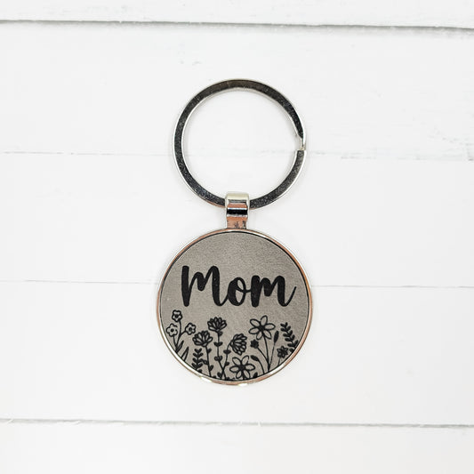 "Mom" Floral Grey Engraved Leatherette Keychain