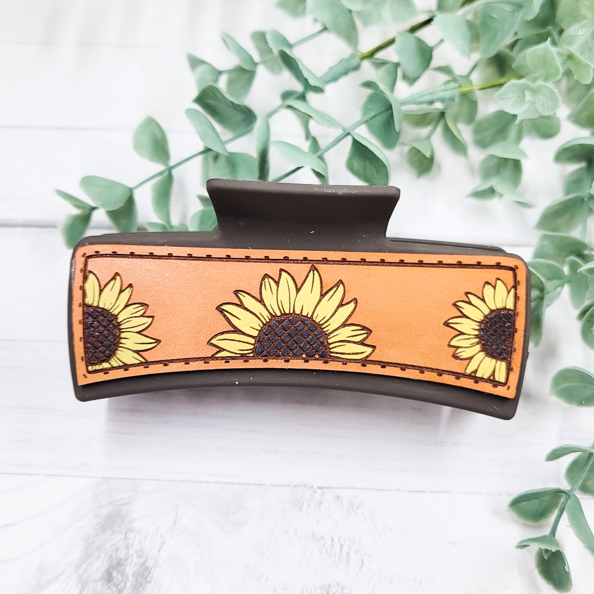 Handpainted Leather Sunflower Claw Clip