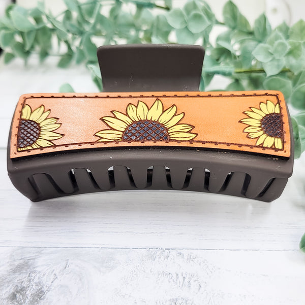 Handpainted Leather Sunflower Claw Clip