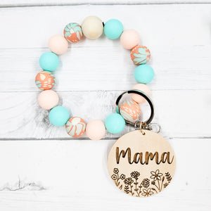 Blue Floral Silicone Bead Wristlet - Mama