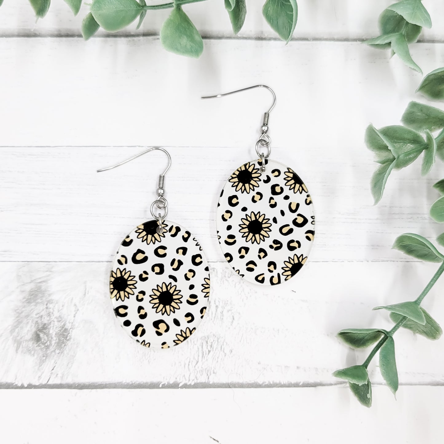 Leopard Sunflowers Acrylic Oval Dangle Earrings