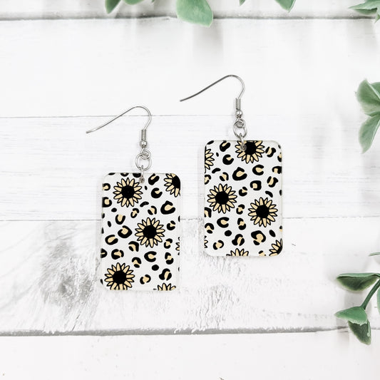 Leopard Sunflowers Acrylic Rectangle  Dangle Earrings