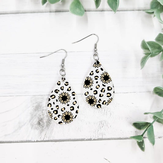 Leopard Sunflowers Acrylic Teardrop Dangle Earrings