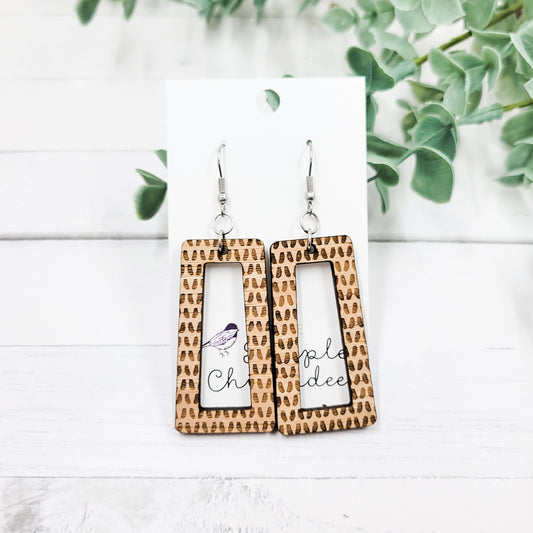 Herringbone Patterned Wooden Open Rectangle Dangle Earrings