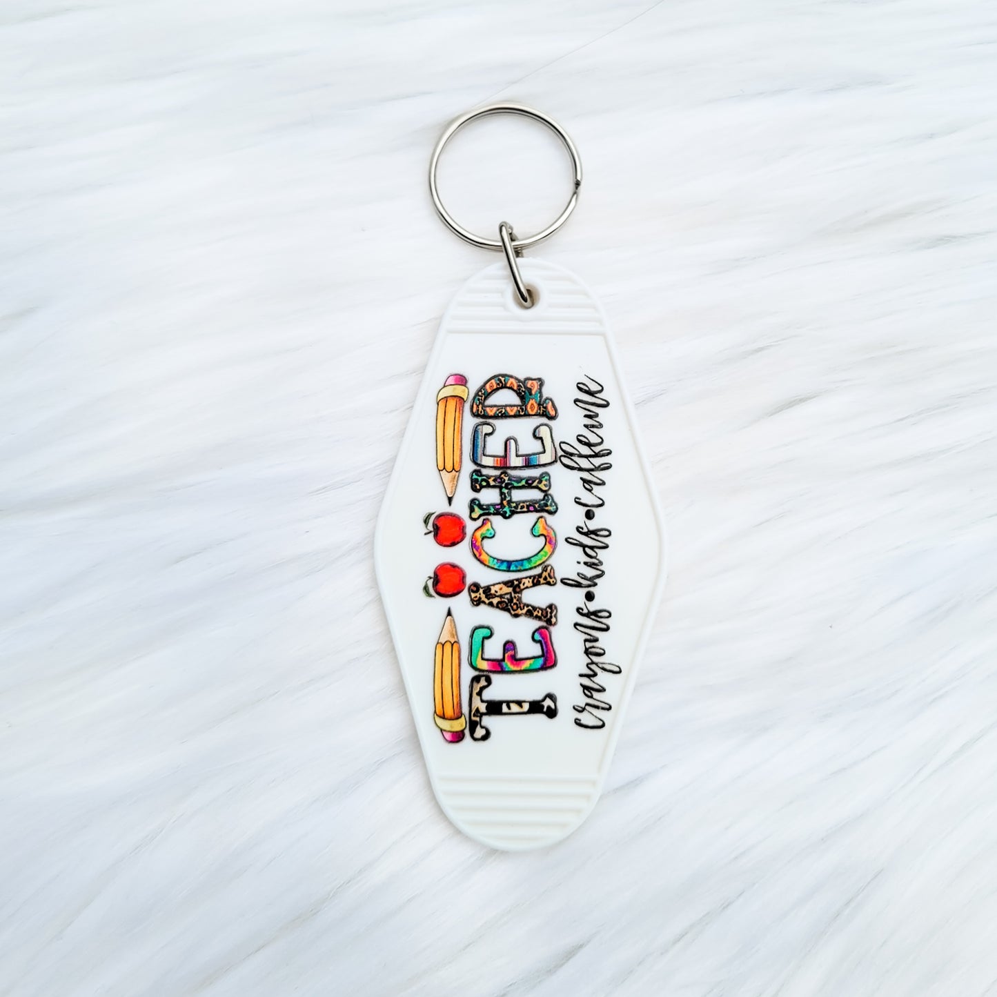 Teacher White Hotel Style Keychain