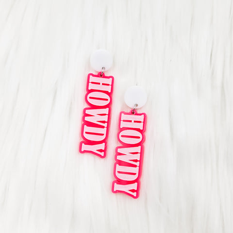 Howdy Hot Pink Engraved Acrylic Stud Earrings