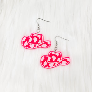 Cow Print Cowgirl Hat Hot Pink Engraved Acrylic Dangle Earrings