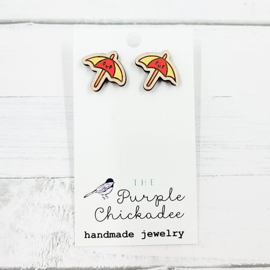 Kawaii Beach Umbrella Handpainted Wooden Stud Earrings