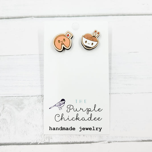 Kawaii Ramen + Fortune Cookie Handpainted Wooden Stud Earrings