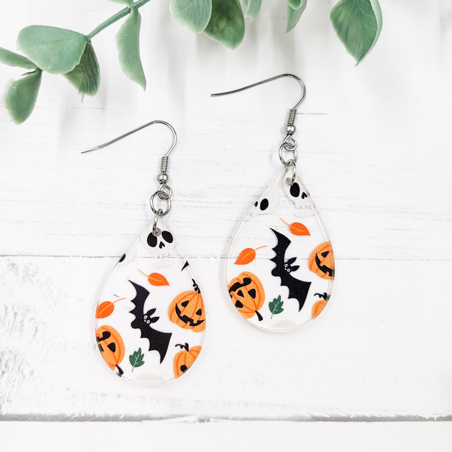 Bats, Pumpkins & Skulls Acrylic Teardrop Dangle Earrings