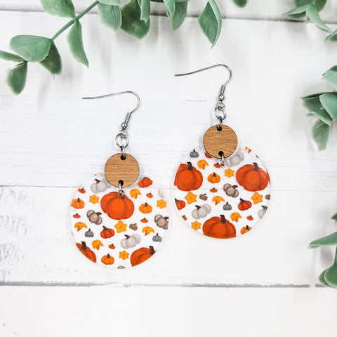 Orange & Grey Pumpkins Acrylic Semi Circle Dangle Earrings