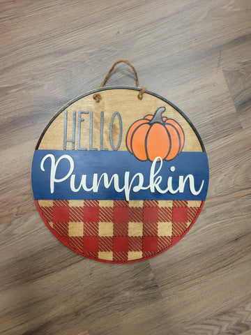 16" Hello Pumpkin Round Wooden Door Hanger