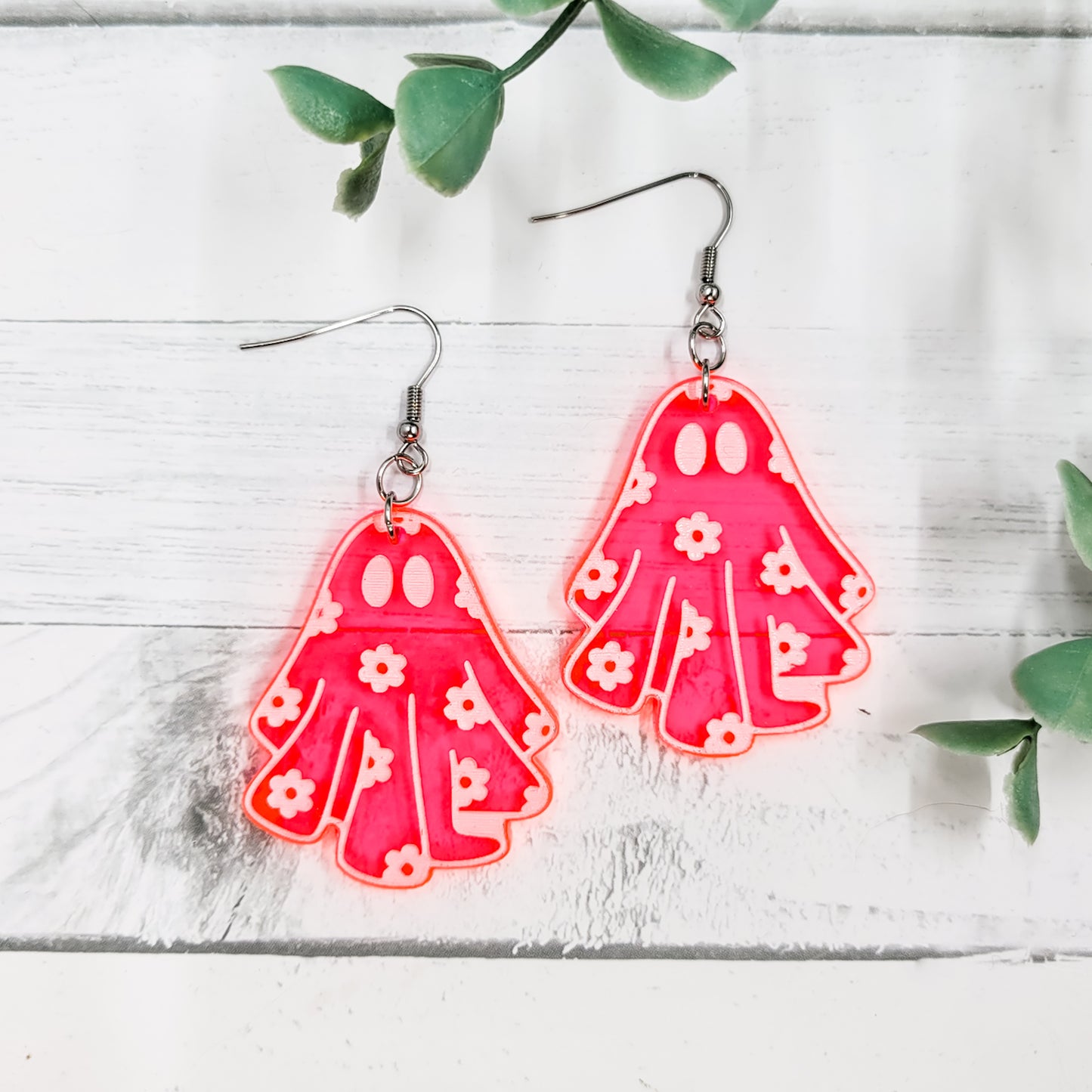 Daisy Ghost Fluorescent Pink Acrylic Dangle Earrings