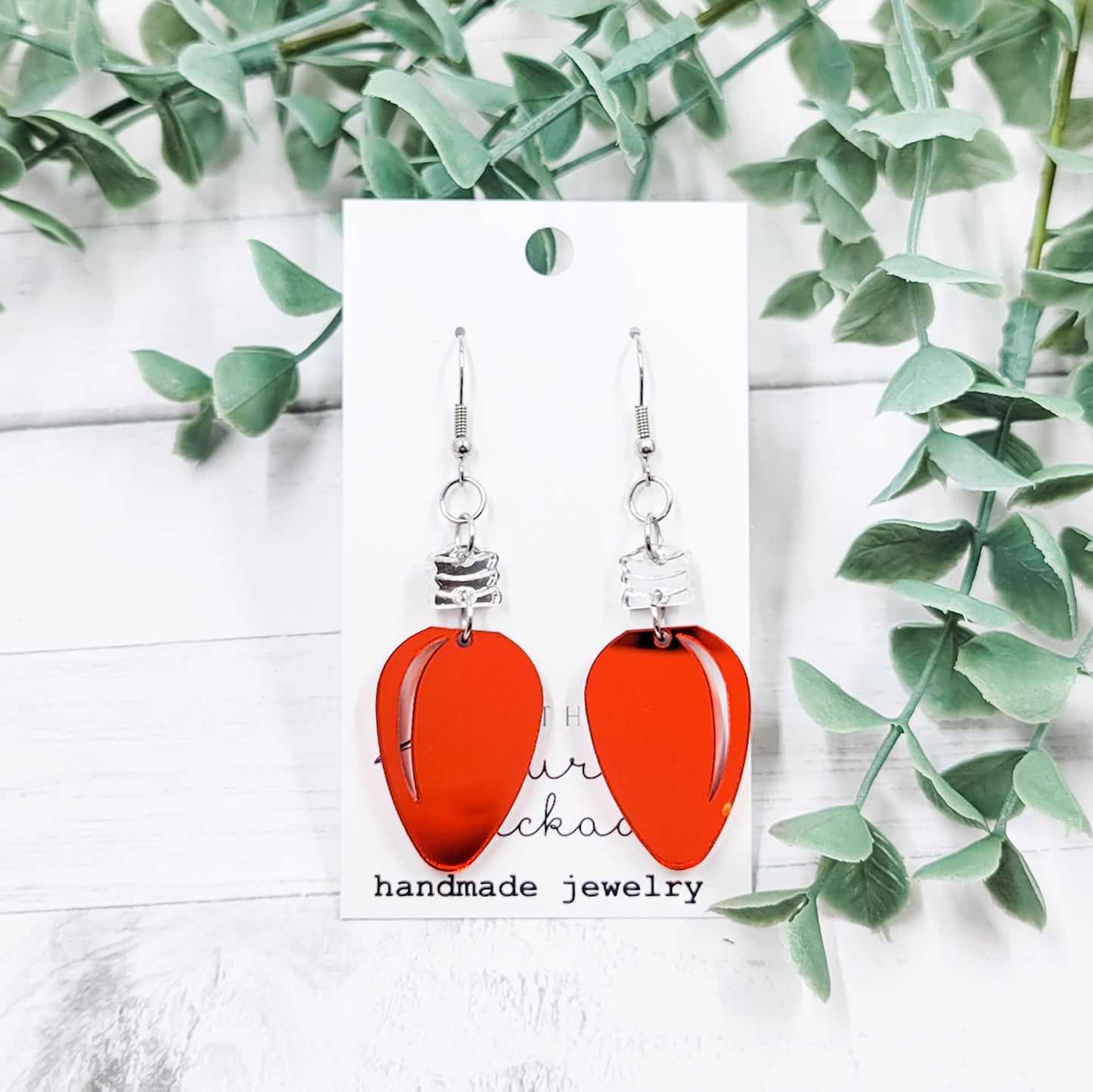 Red Mirror Christmas Bulb Acrylic Dangle Earrings