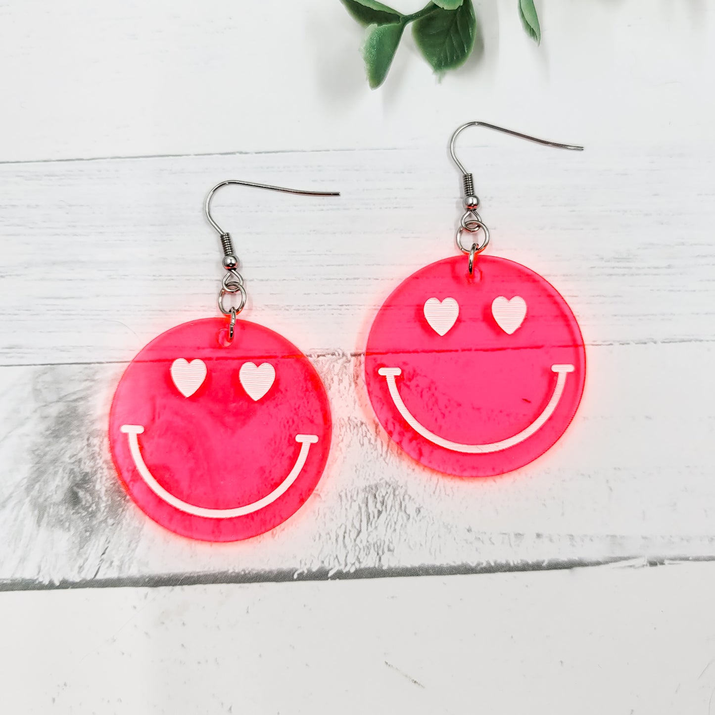 Florescent Pink Smiley Heart Acrylic Teardrop Dangle Earrings