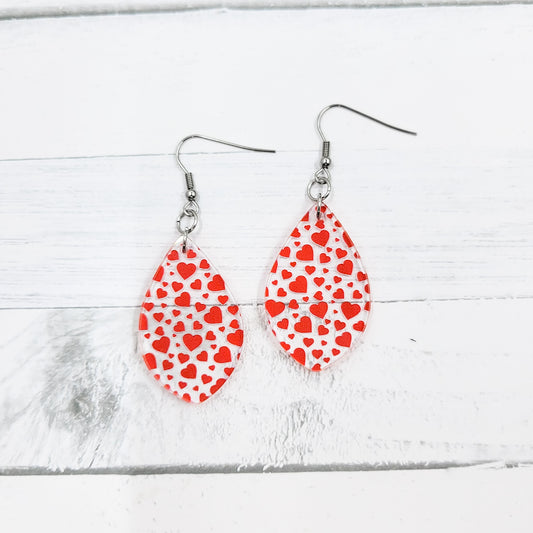 Mini Red Hearts Acrylic Pointed Teardrop Dangle Earrings
