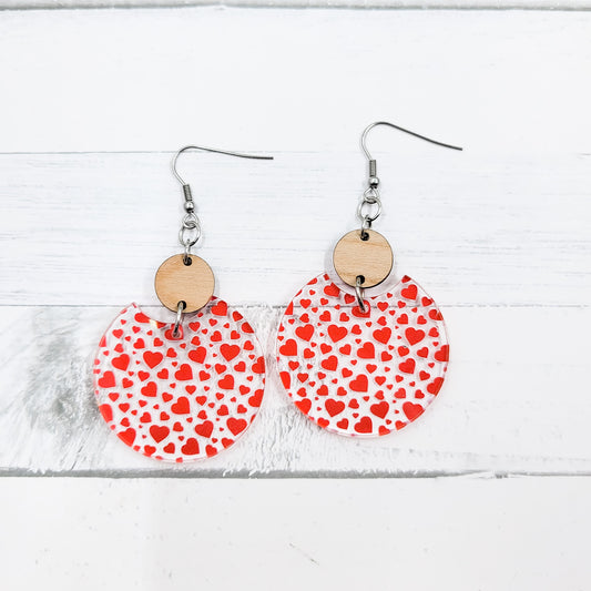 Mini Red Hearts Clear Acrylic Semi Circle Dangle Earrings