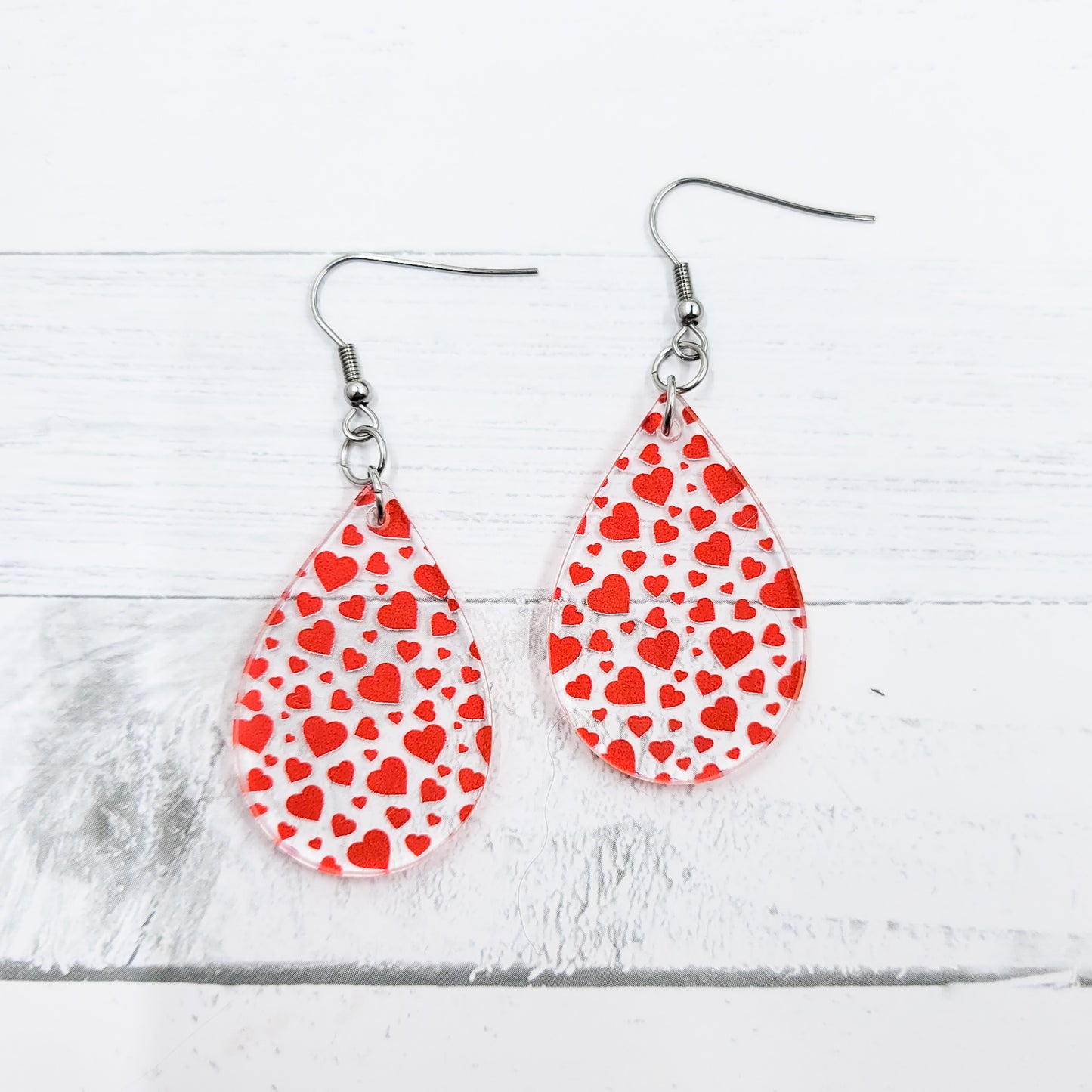 Mini Red Hearts Acrylic Teardrop Dangle Earrings