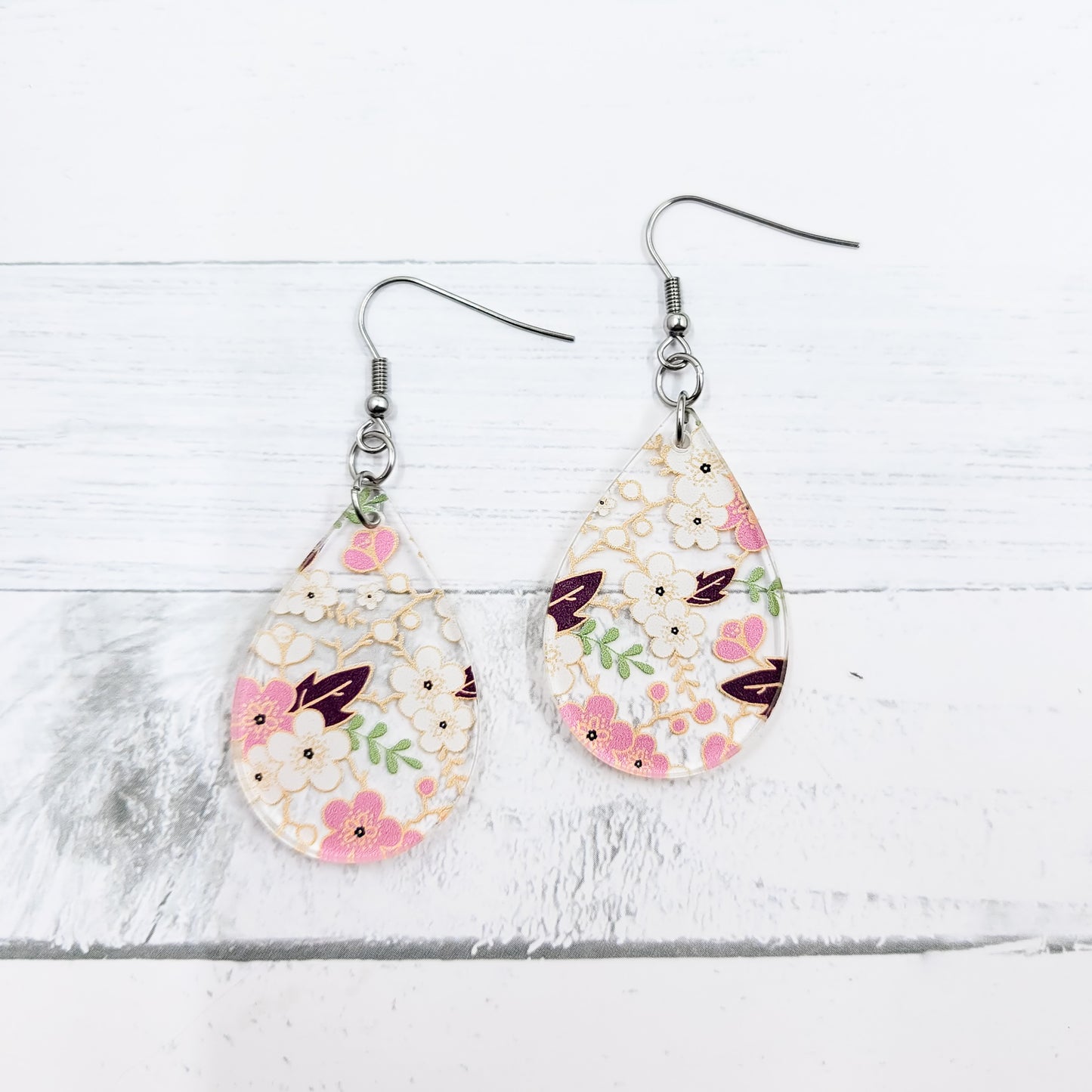 Pink Cherry Blossoms Acrylic Teardrop Dangle Earrings