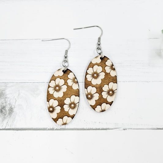 Floral Engraved Oval Wooden Earrings