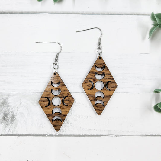 Moon Phases Diamond Wooden Dangle Earrings - Celestial Jewelry - Astrology