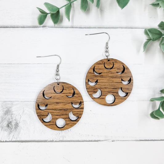 Moon Phases Circle Wooden Dangle Earrings - Celestial Jewelry - Astrology