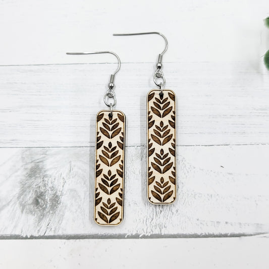 Floral Leaves Engraved Wooden Rounded Bar Earrings
