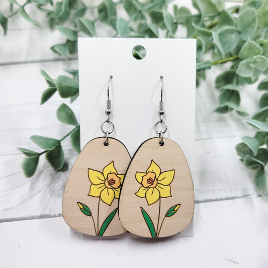 Yellow Daffodil Hand Painted Wooden Dangle Earrings