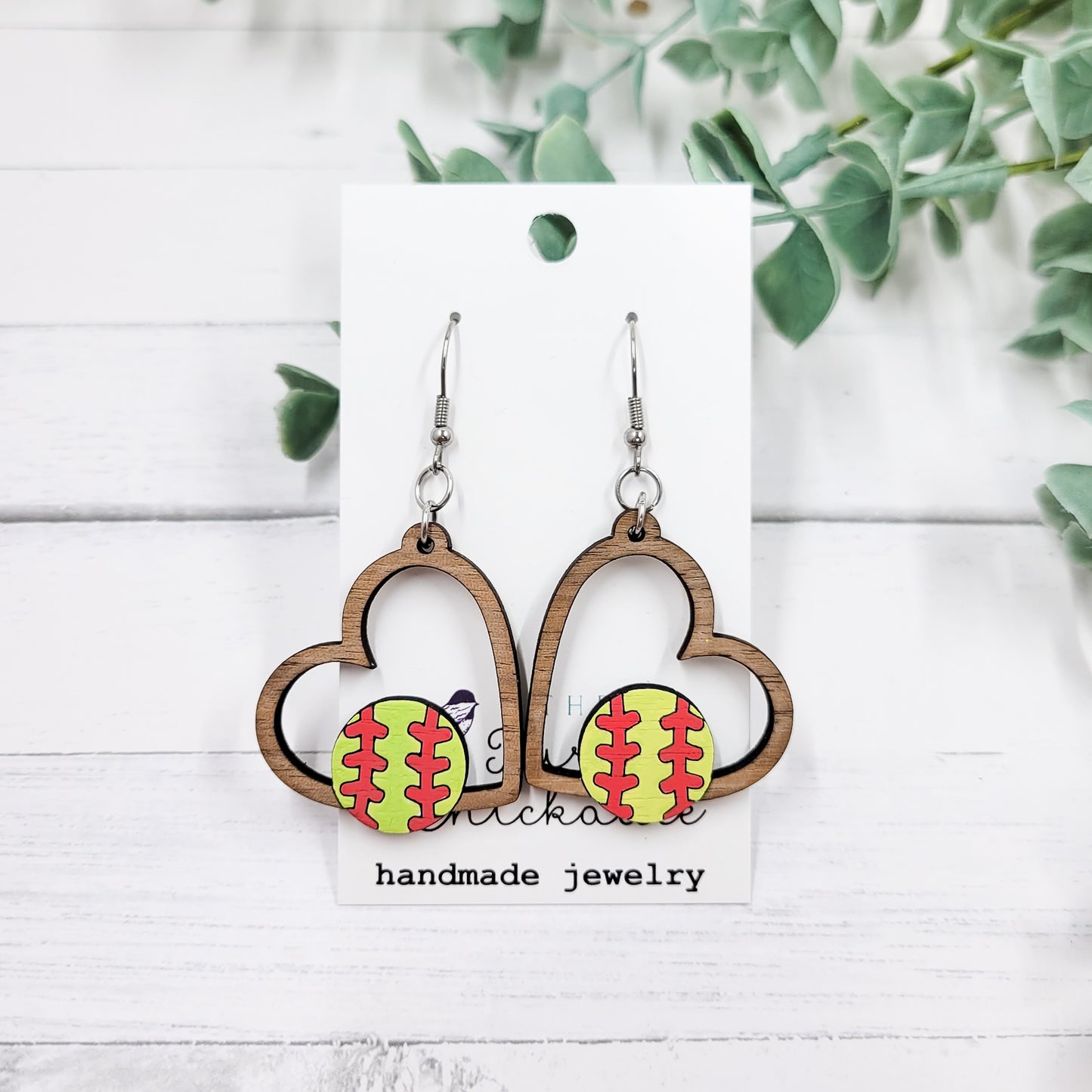 Softball Heart Wooden Dangle Earrings