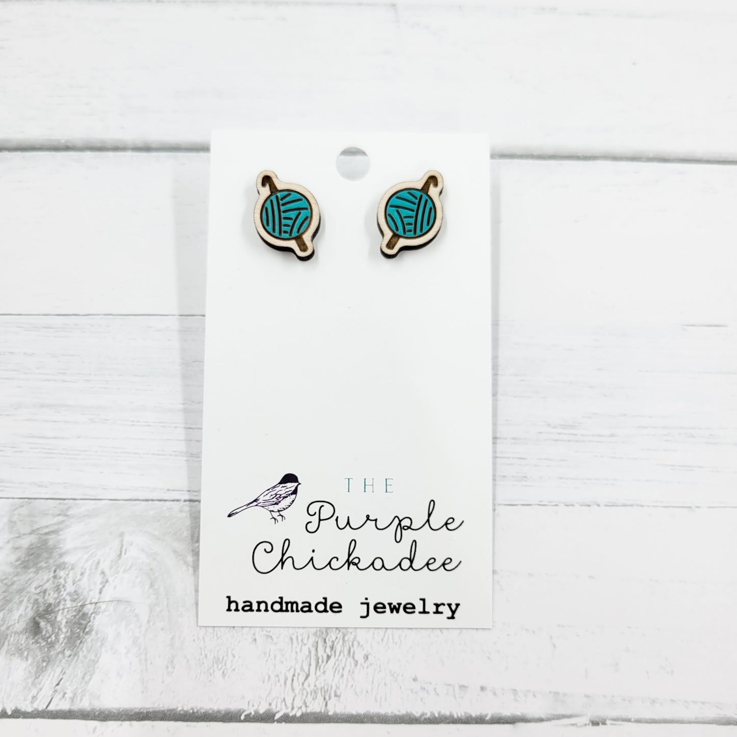 Teal Crochet Hook Wooden Hand Painted Stud Earrings