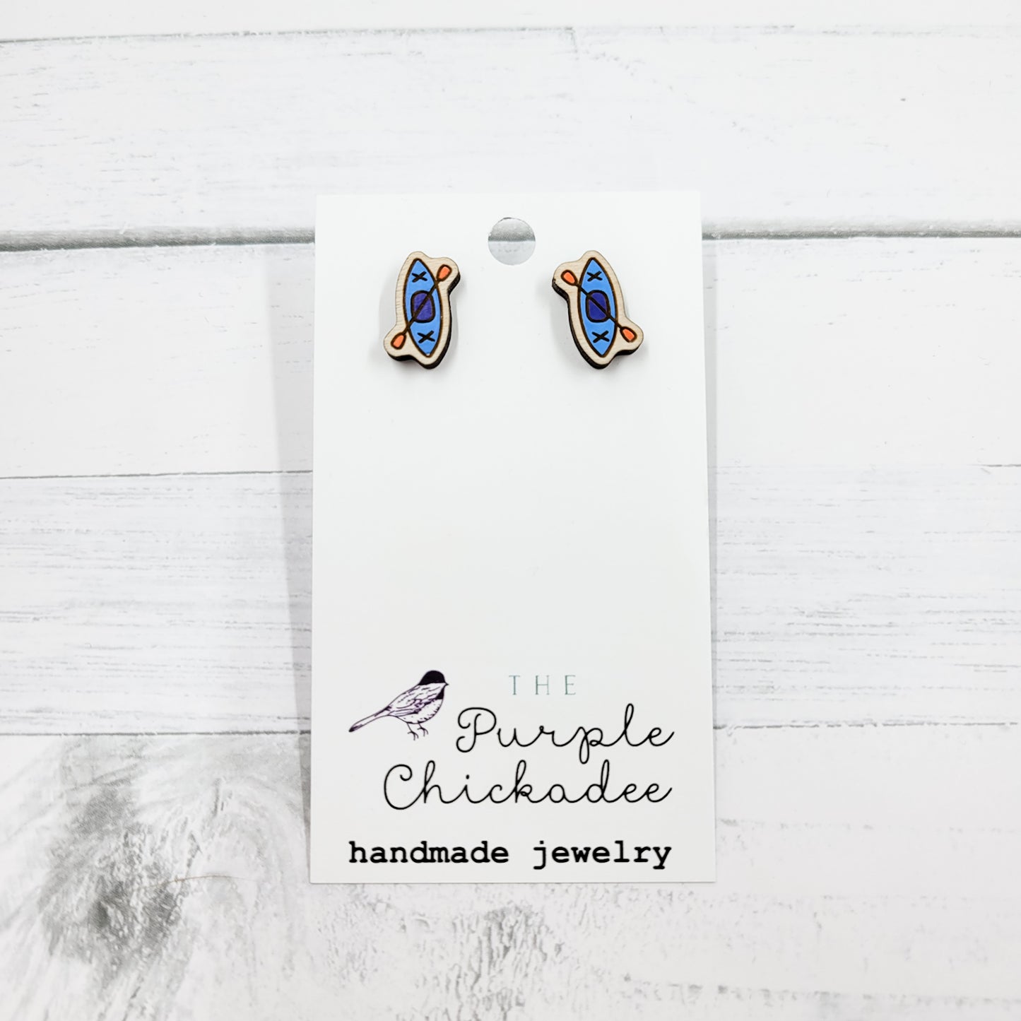 Blue Kayak Hand Painted Wooden Stud Earrings