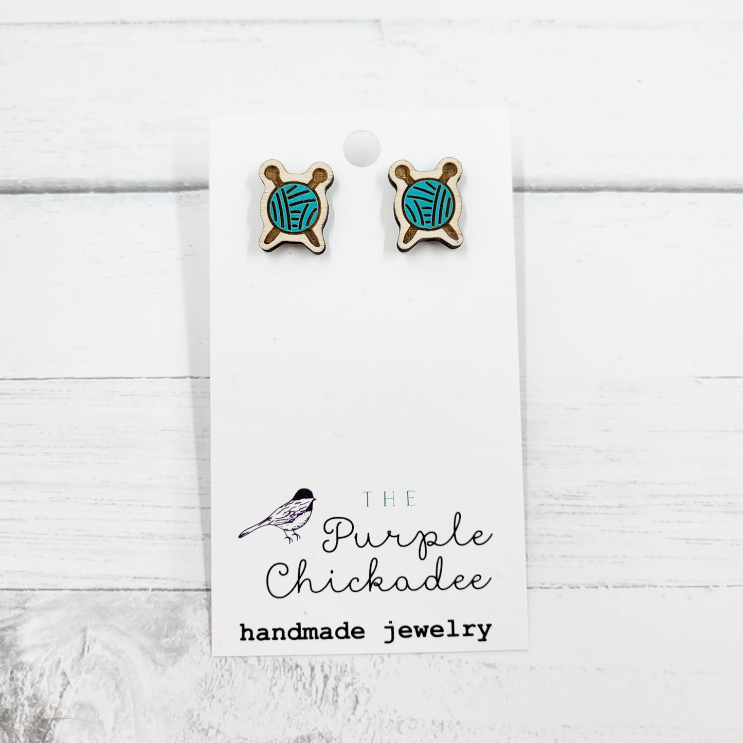 Teal Knitting Needle Wooden Hand Painted Stud Earrings