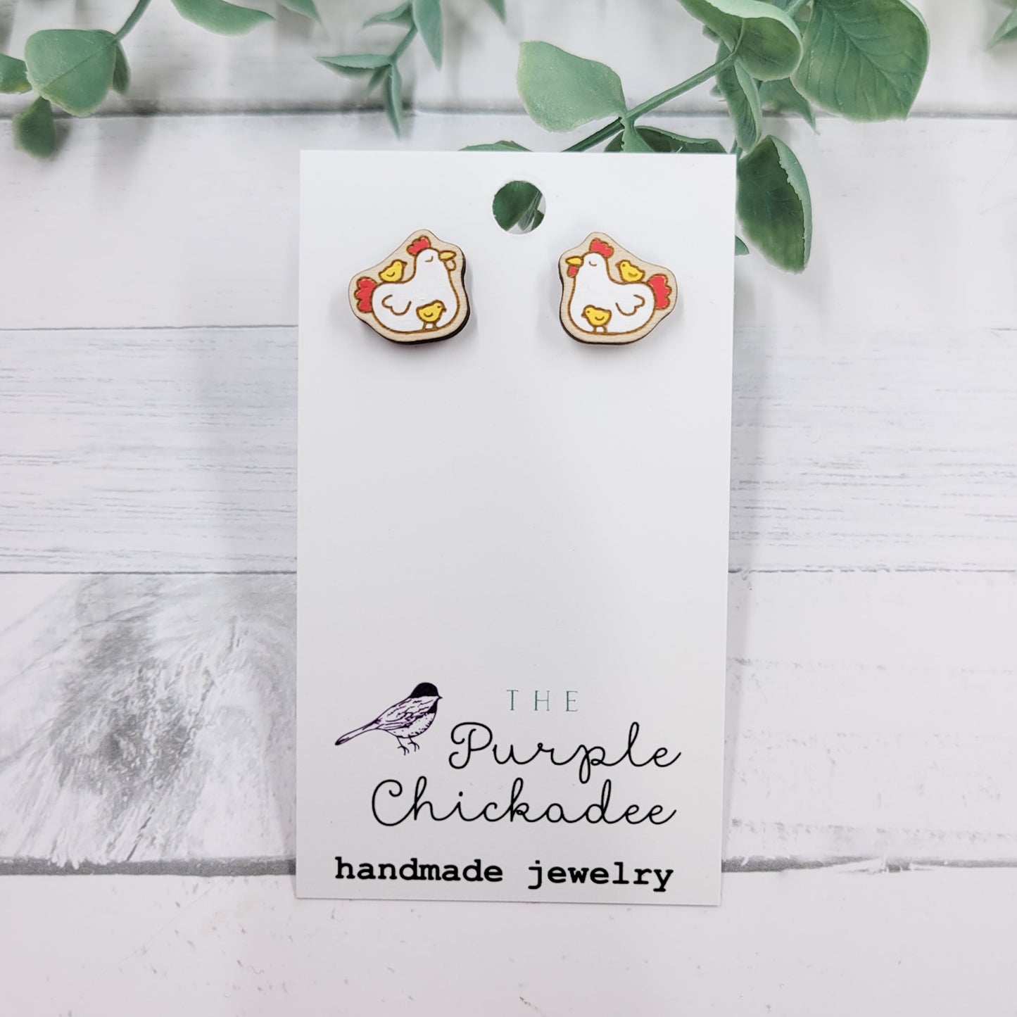 Mama Chicken & Chicks Handpainted Wooden Stud Earrings