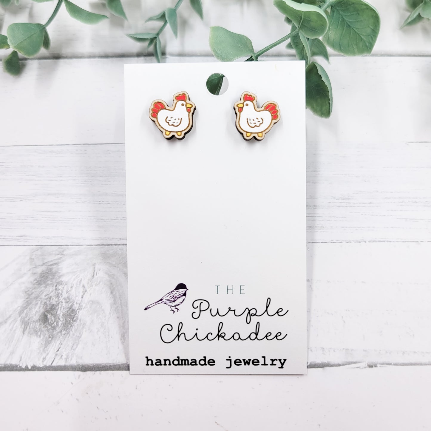 Chicken Handpainted Wooden Stud Earrings