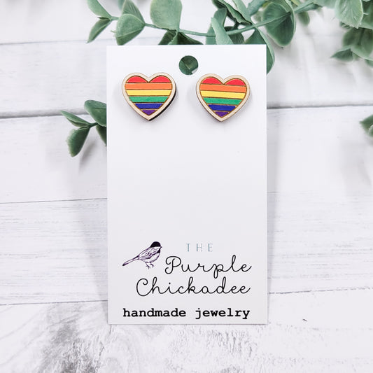 Rainbow Hearts Handpainted Wooden Stud Earrings