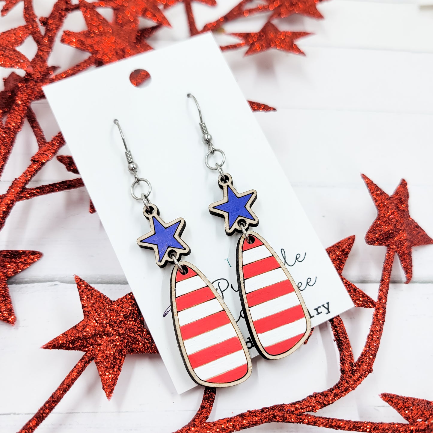 Hand Painted Stars & Stripes Wooden Dangle Earrings