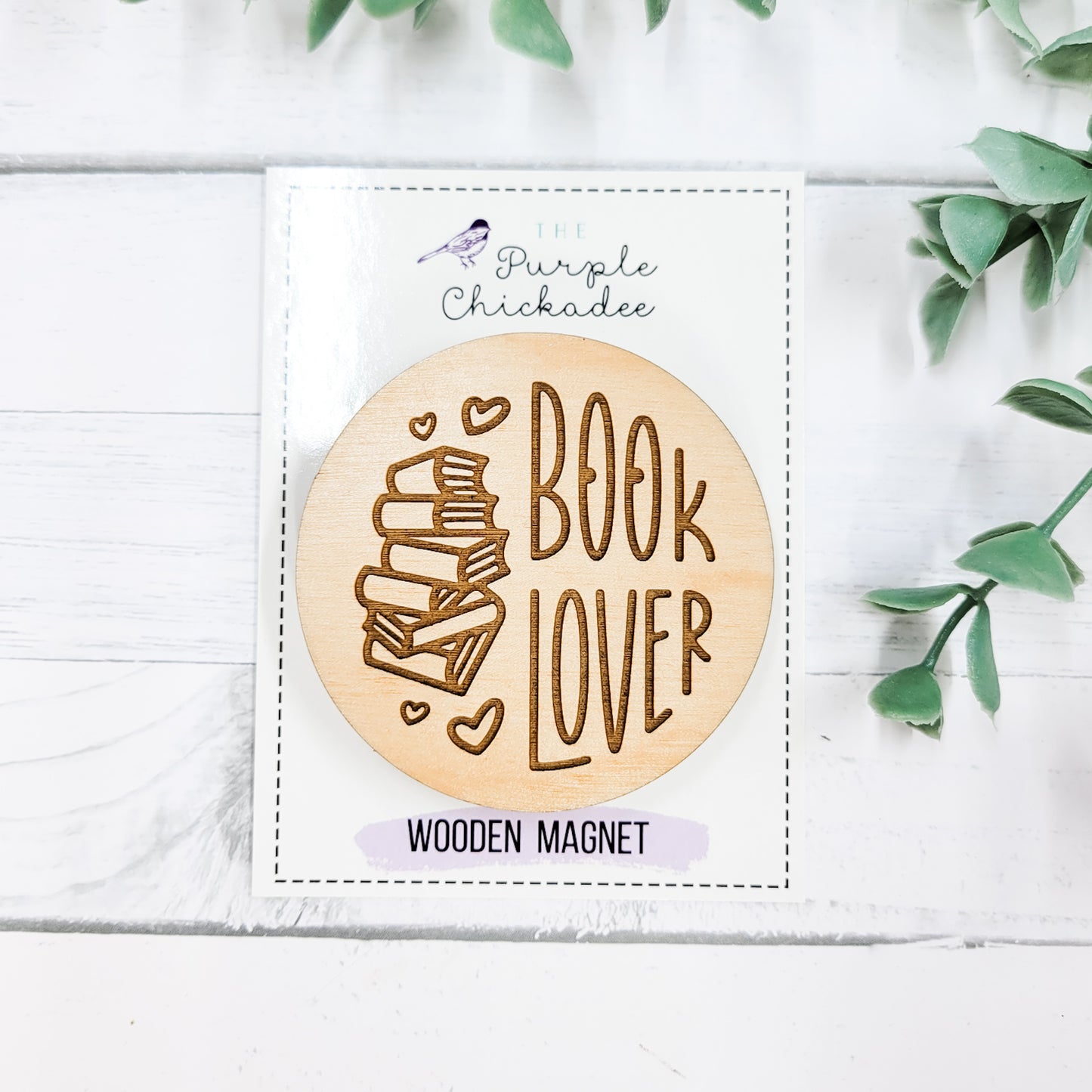 Book Lover Stacked Books Circle Wooden Magnet