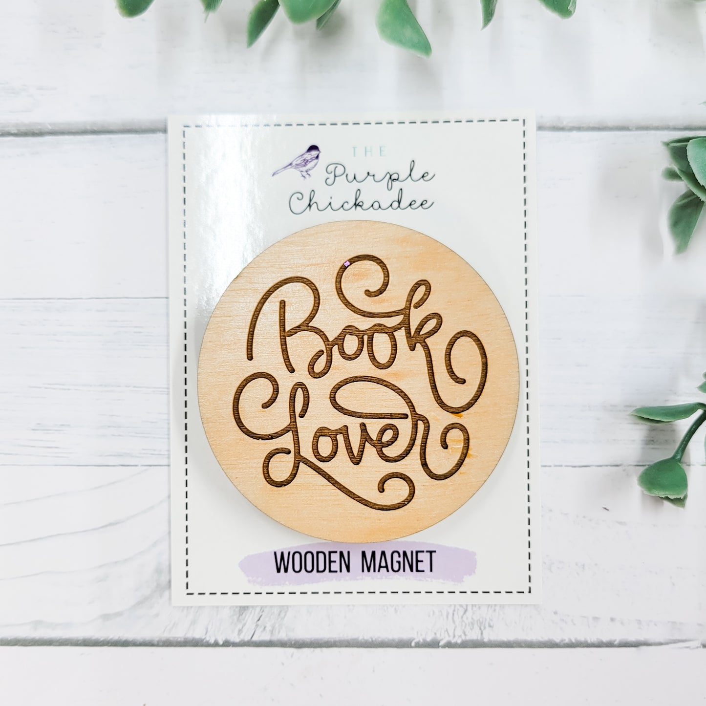 Book Lover Curly Font Circle Wooden Magnet