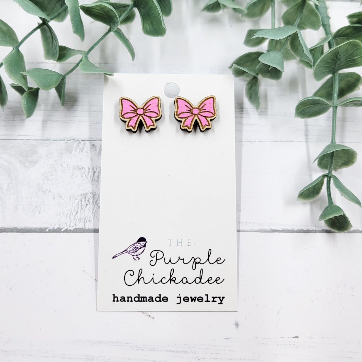 Pink Bow Handpainted Wooden Stud Earrings