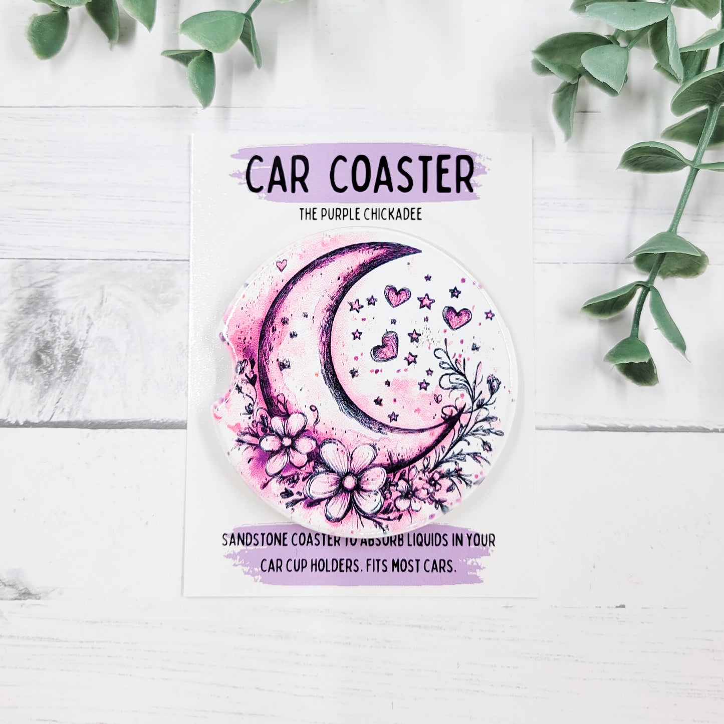 Pink Watercolor Moon Sandstone Car Coaster