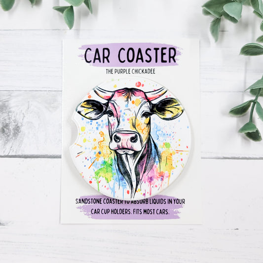 Watercolor Cow Sandstone Car Coaster